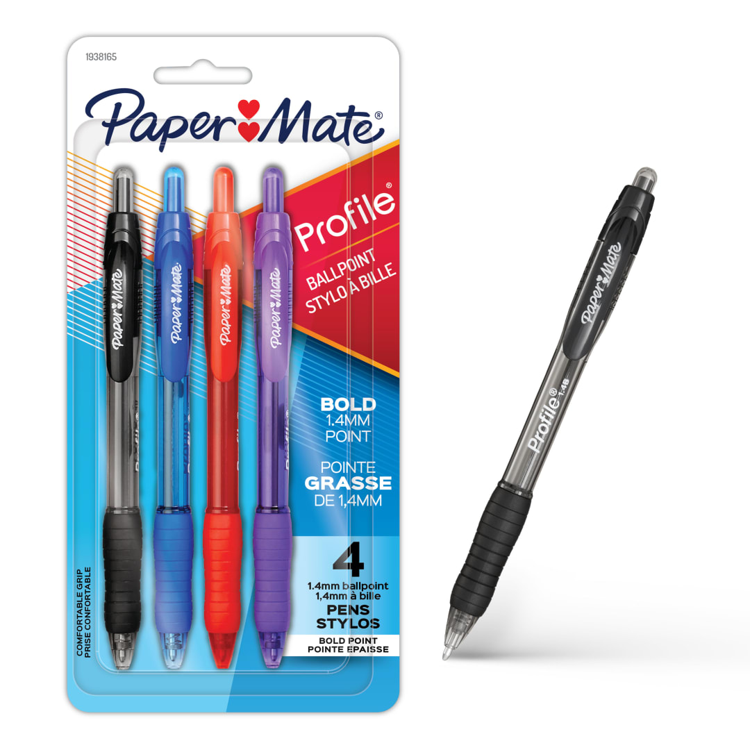 Paper Mate Profile Retractable Ballpoint Pens, Bold Point (1.4mm), Assorted Colours, 4 Count