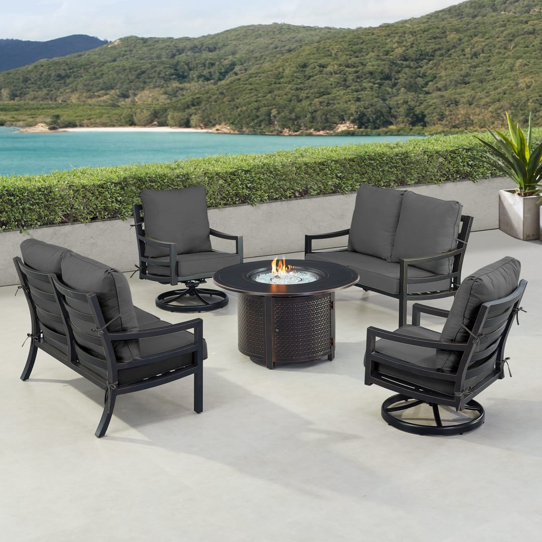 Black Aluminum Patio Fire Table Set with Two Deep Seating Loveseat with Cushions and Two Club Chairs