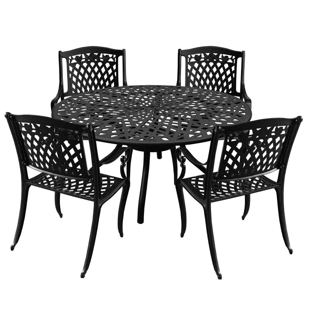 Modern Ornate Outdoor Mesh Aluminum 48-in Black Round Patio Dining Set with Four Chairs