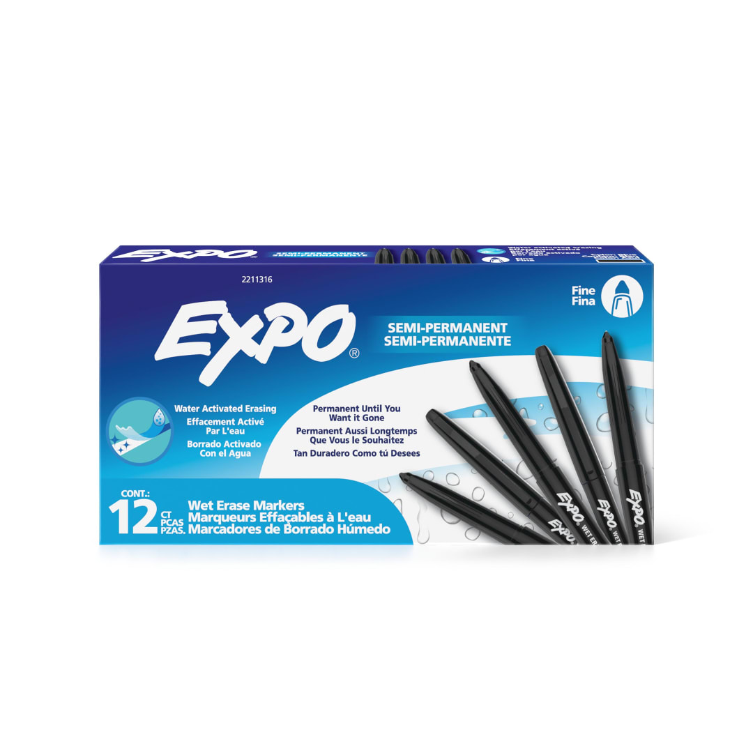 EXPO®Wet Erase Markers, Semi-Permanent Markers, Black, Fine Tip, 12 Count