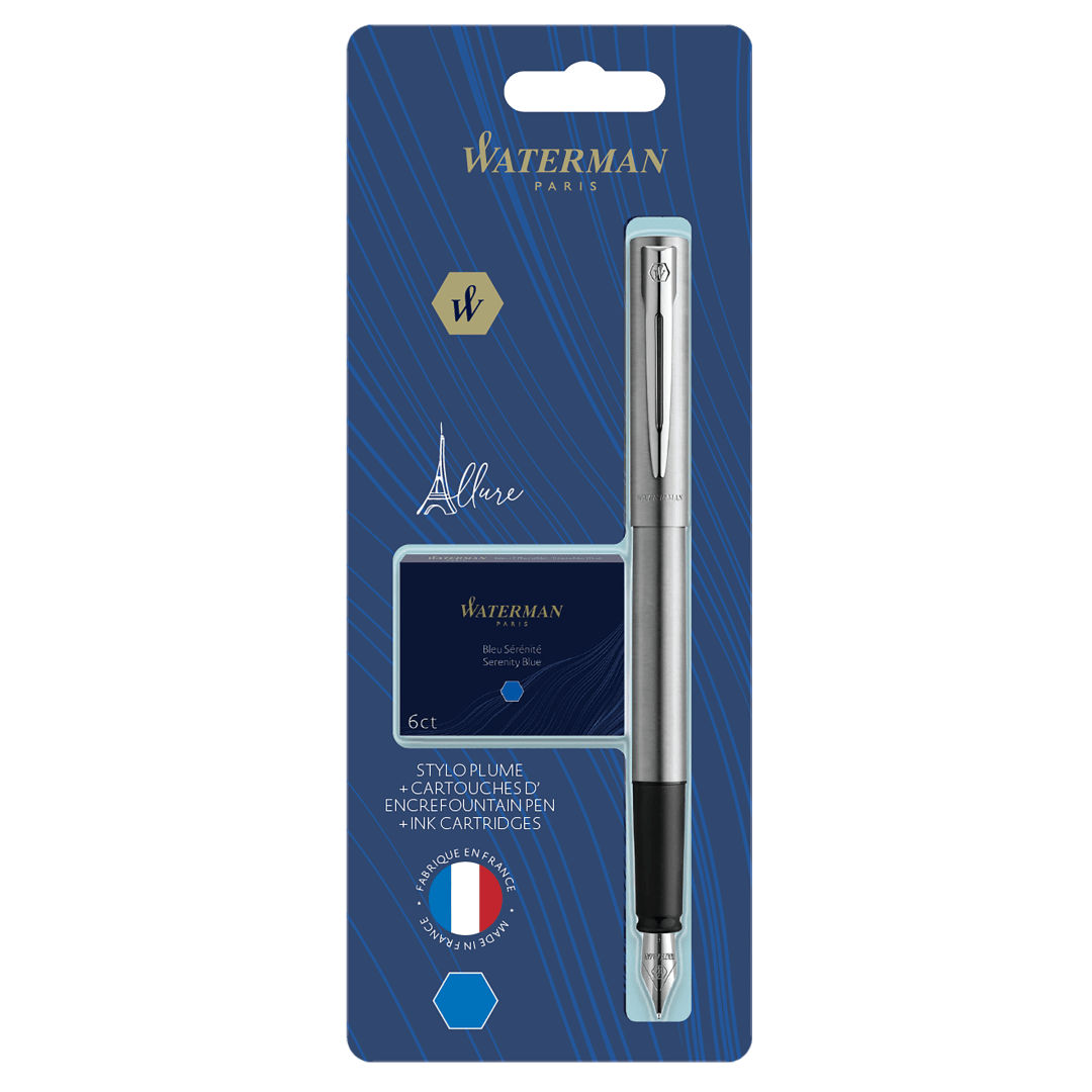 Waterman Allure Pluma estilográfica | Acero inoxidable con adornos de acero inoxidable | Punta fina | 6 cartuchos de tinta azul