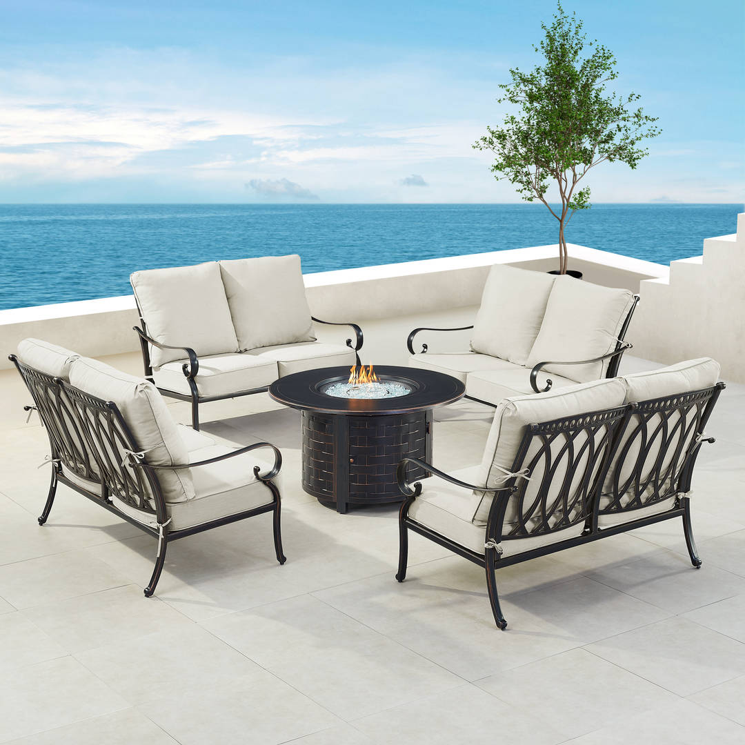 Black Aluminum Patio Fire Table Set with Four Deep Seating Loveseat with Cushions