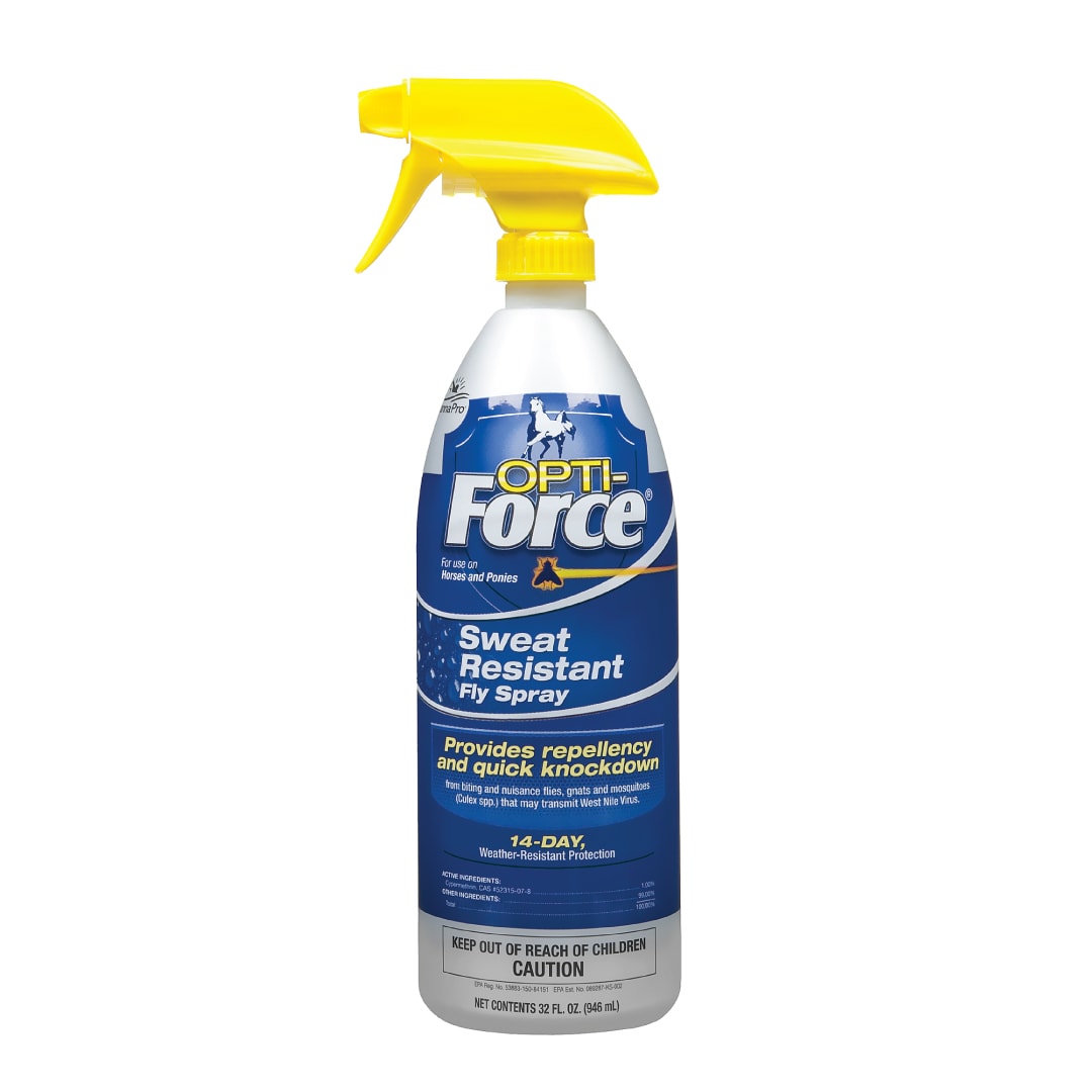 Manna Pro Opti-Force Fly Spray | Sweat Resistant Fly Repellent for Horses and Ponies | Provides Repellency and Quick Knockdown from Biting and Nuisance Flies | 32 oz