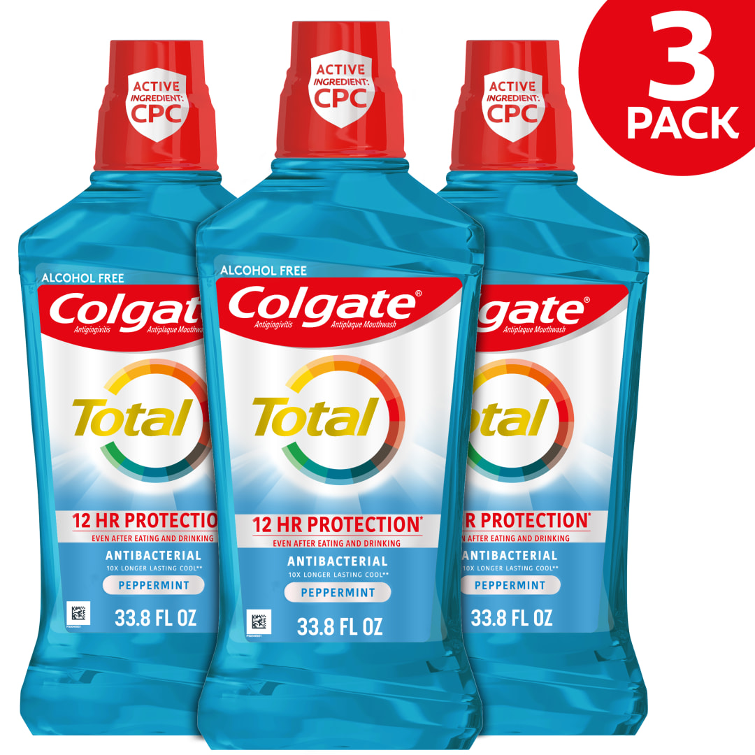 Colgate Total Pro-Shield Alcohol Free Mouthwash for Bad Breath, Peppermint - 1L, 33.8 fl.oz. (3 Pack)