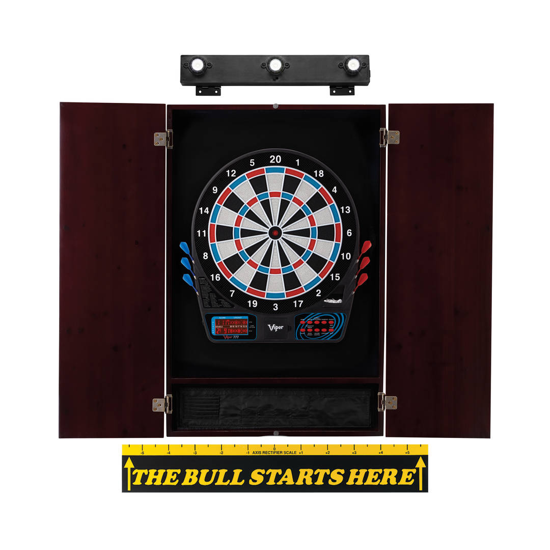 Viper 777 Electronic Dartboard, Metropolitan Mahogany Cabinet, "The Bull Starts Here" Throw Line Marker & Shadow Buster Dartboard Lights