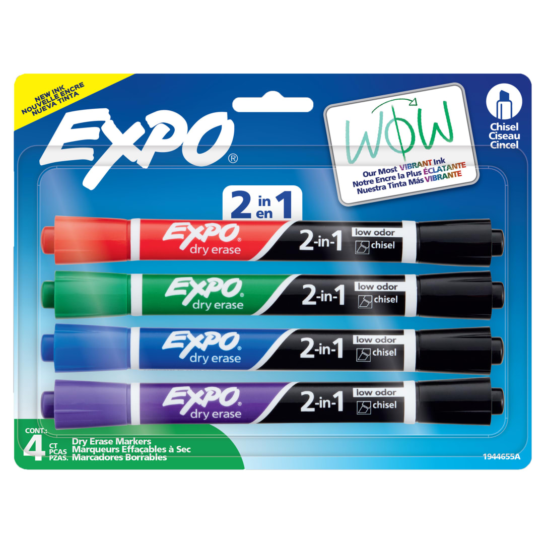 EXPO 2-in-1 Dry Erase Markers, Dual-Ended Markers, Assorted Colours, Chisel Tip, 4 Count