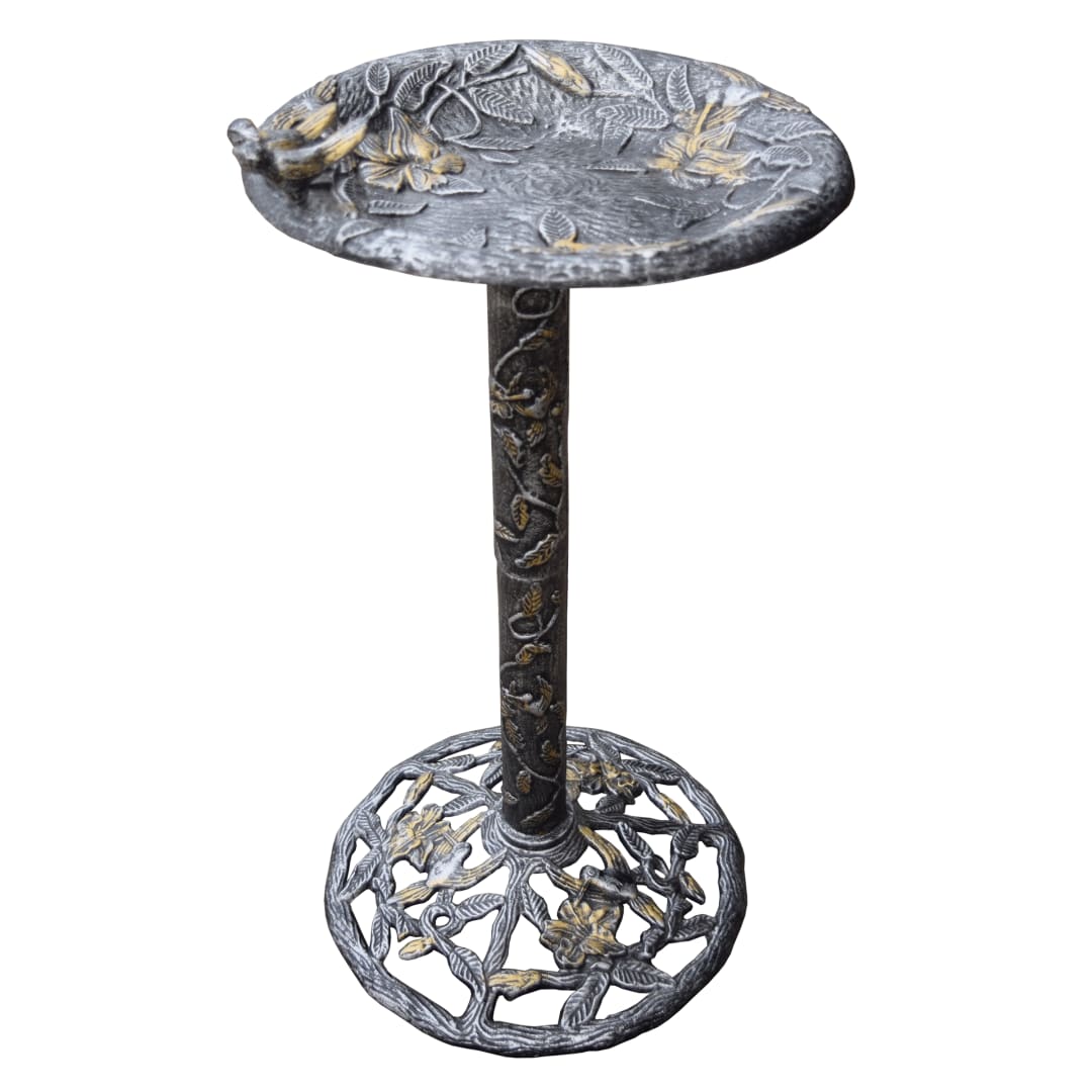 Round Cast Aluminum Metal 32-in Silver and Gold Bird Bath with Hummingbirds