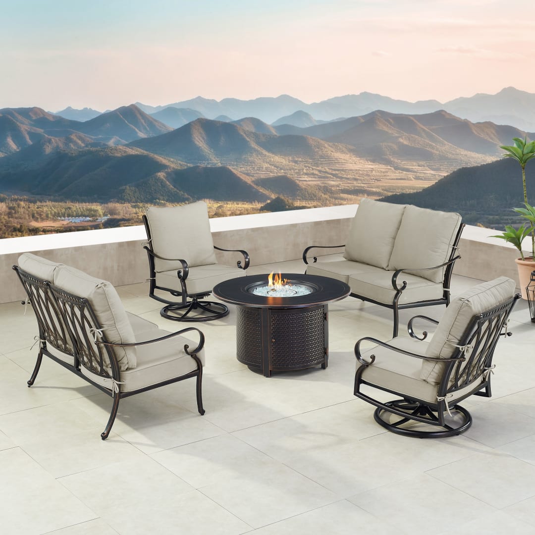 Black Aluminum Patio Fire Table Set with Two Deep Seating Loveseat with Cushions and Two Club Chairs
