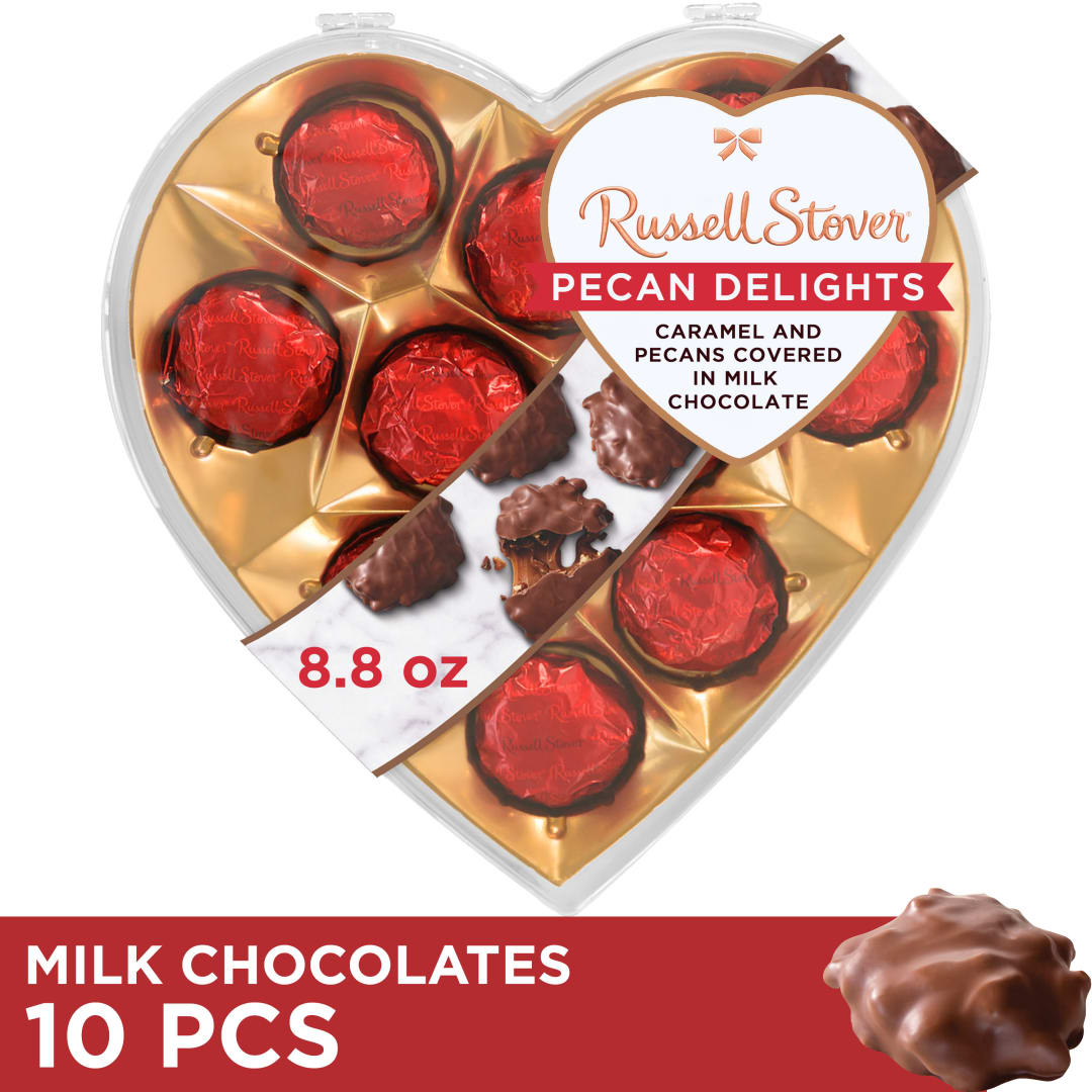 RUSSELL STOVER Valentine's Day Clear Heart Pecan Delights Milk Chocolate Candy Gift Box, 8.8 oz.