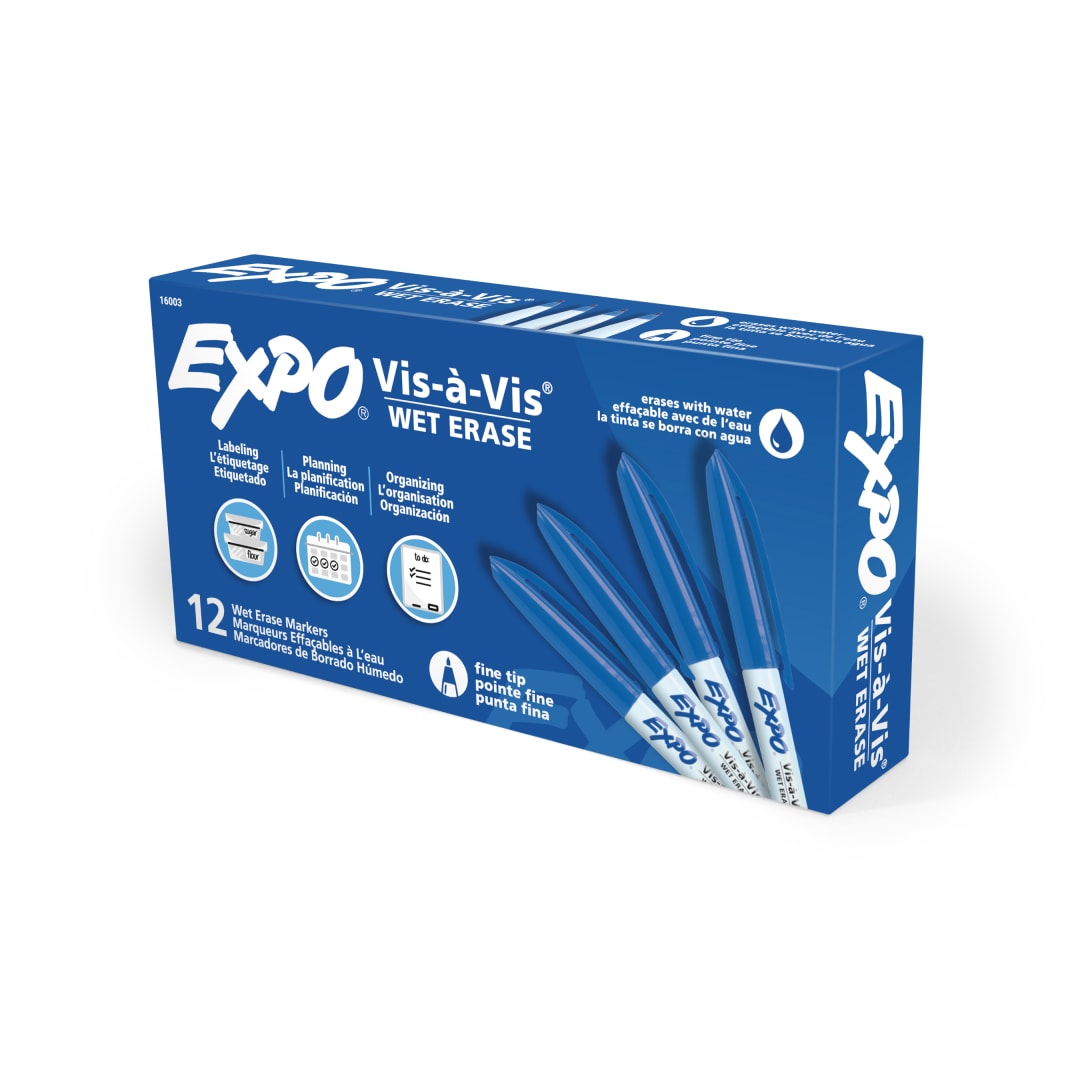 EXPO® Vis-a-Vis Wet Erase Markers, Fine Point, Blue, 12 Count