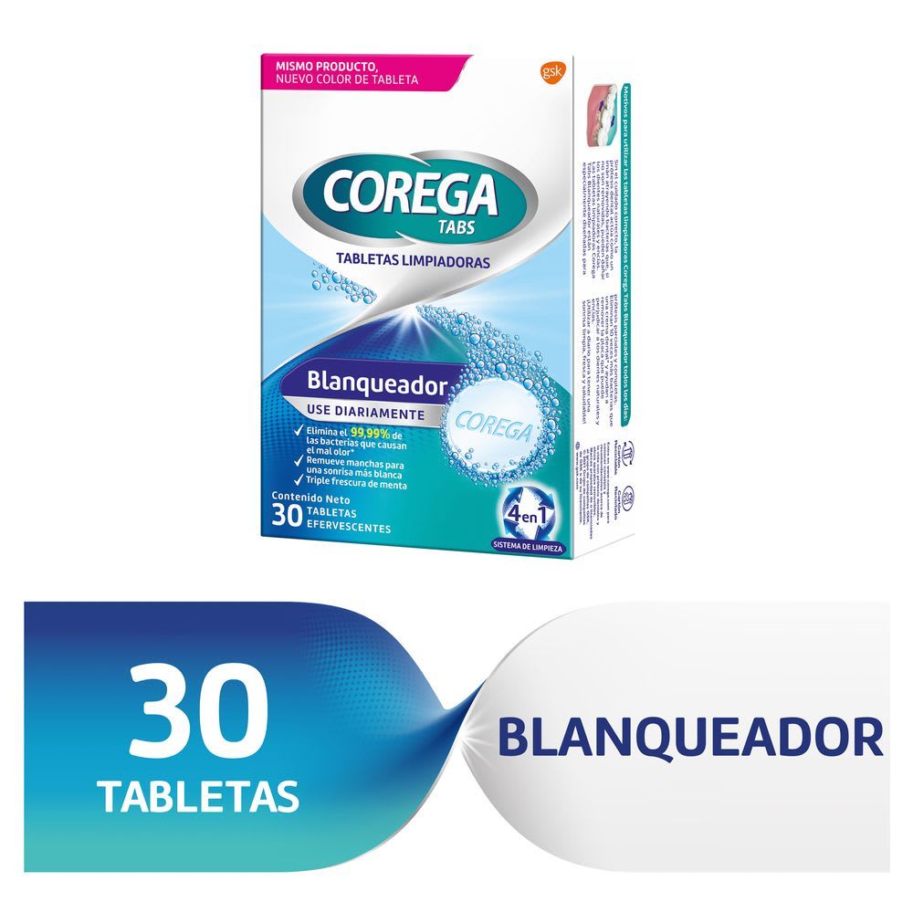 Corega Tabs Blanqueador Tabletas Limpiadoras Efervescentes 30 Unidades