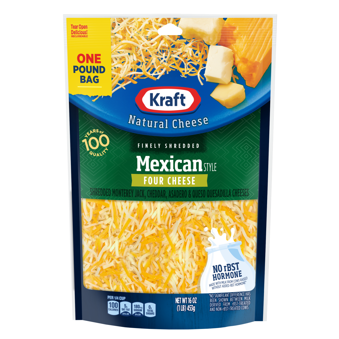 Kraft Natural Mexican Style Four Cheese Blend Finely Shredded Cheese, 16 oz Bag