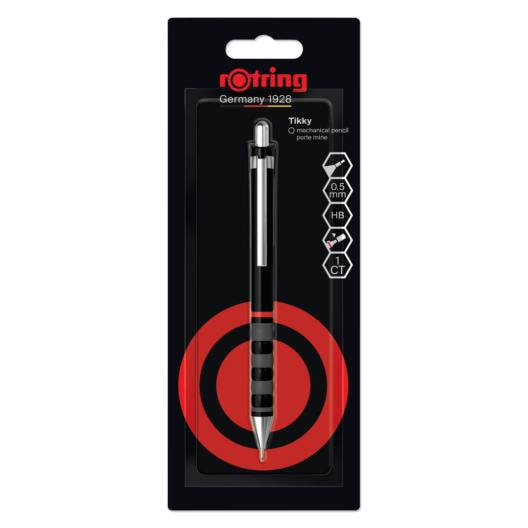 Portaminas rOtring Tikky | Mina HB0,5 mm | Cuerpo negro | Ligero con empuñadura de goma