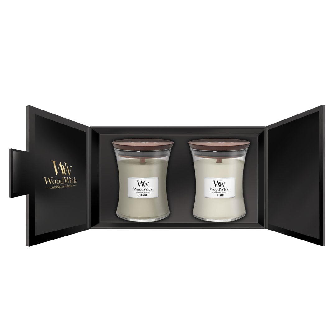 WoodWick Set de regalo de velas perfumadas | Velas perfumadas Fireside & Linen Hourglass con mechas crepitantes | Hasta 60 horas de duración | Caja de regalo | Regalos perfectos para mujeres