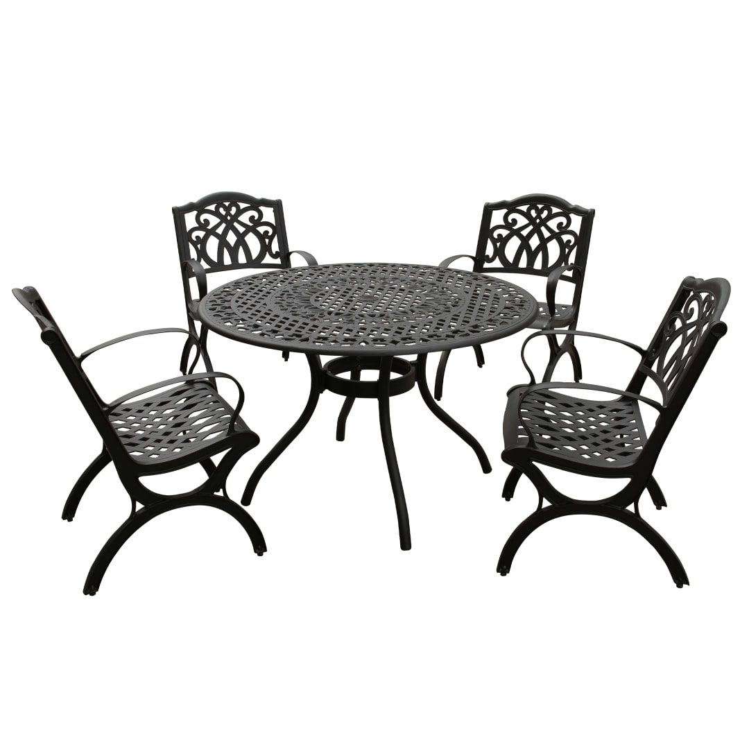 Modern Ornate Outdoor Mesh Aluminum 48-in Black Round Patio Dining Set with Four Chairs