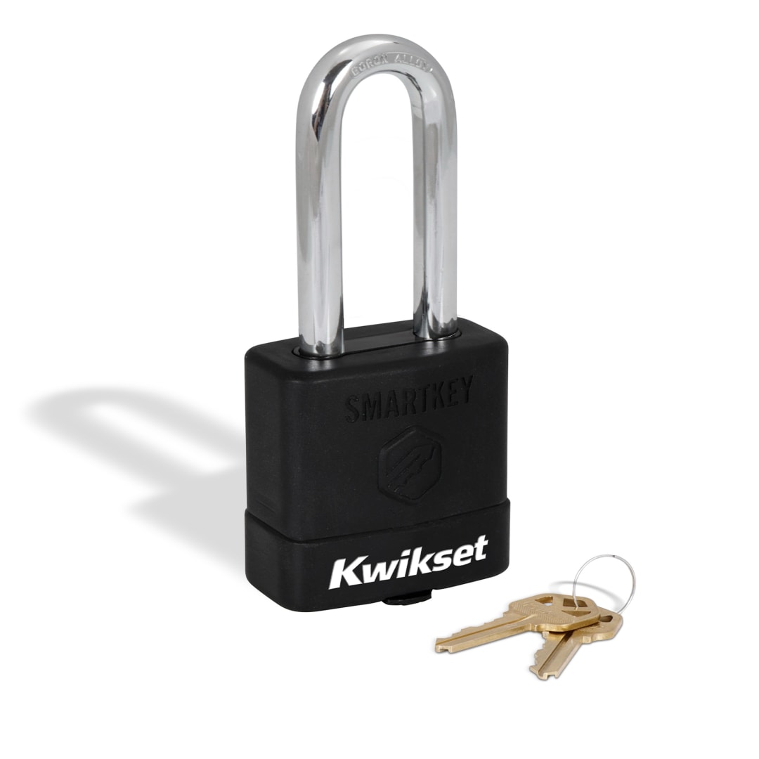 Kwikset SmartKey Re Keyable Laminated Steel Padlock with Boron Carbide Shackle, with Weather Cover, 2 in Body, 2-1/2 in Shackle, 1 Pack