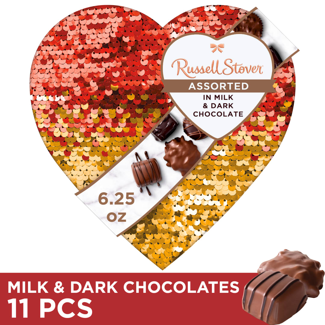 RUSSELL STOVER Valentine's Day Sequin Heart Assorted Milk & Dark Chocolate Candy Gift Box, 6.25 oz.