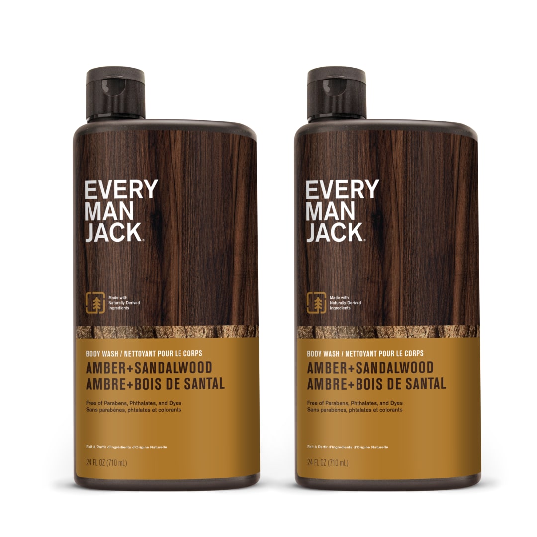Every Man Jack Nourishing Amber + Sandalwood Mens Body Wash for All Skin Types - Naturally Derived Ingredients - Cleanse and Hydrate Skin with Coconut and Glycerin - 24oz 2 Bottles