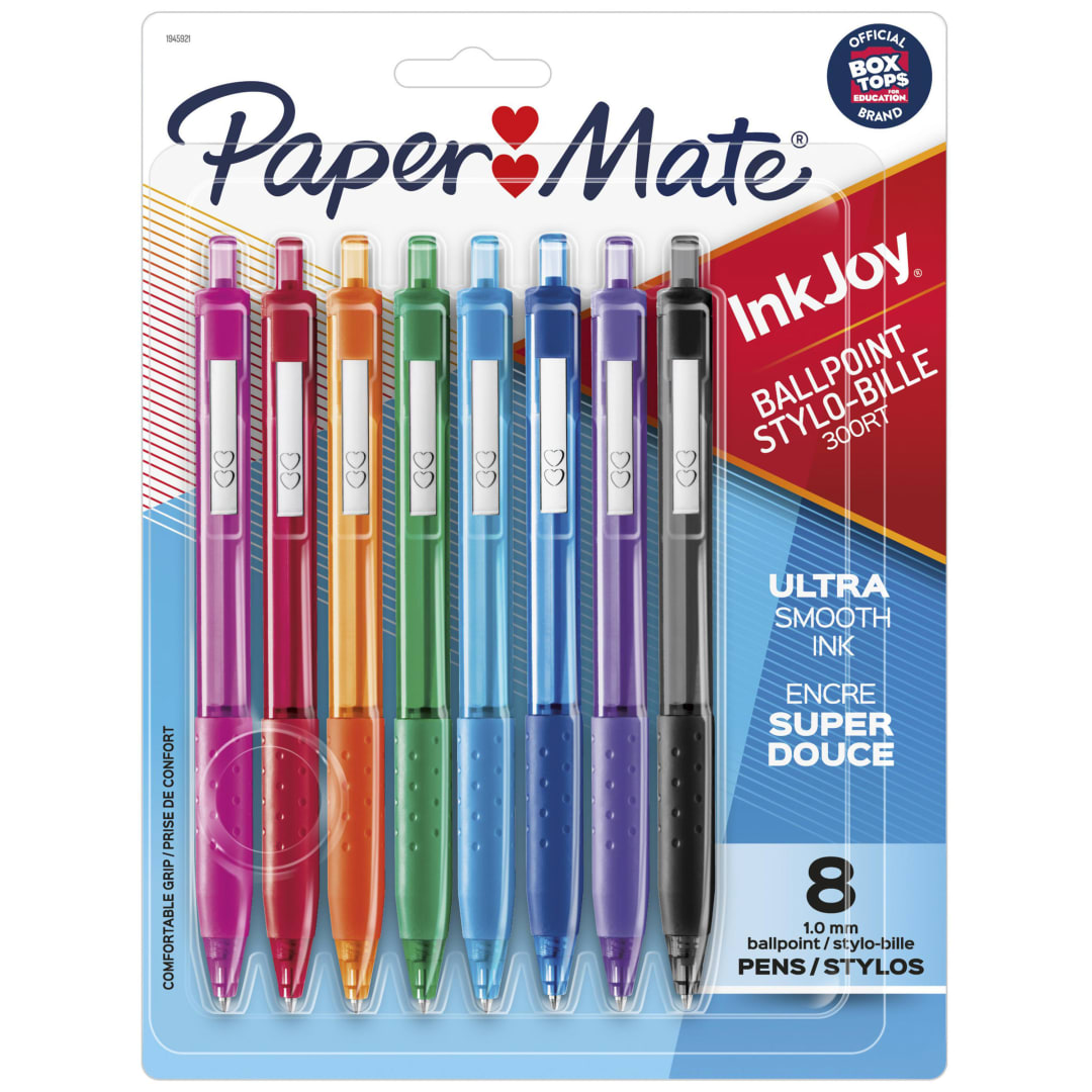 Stylos à bille Paper Mate InkJoy 300RT, stylos rétractables, pointe moyenne (1,0 mm), couleurs assorties, 8 unités