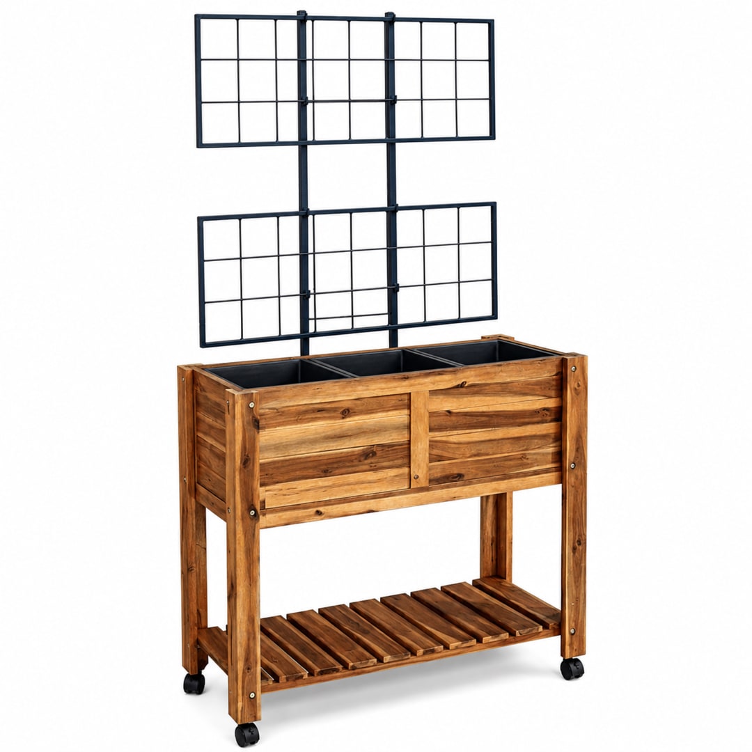 Modern Indoor/Outdoor 32.28 in. Brown Acacia Wood Raised Planter with Trellis and Wheels