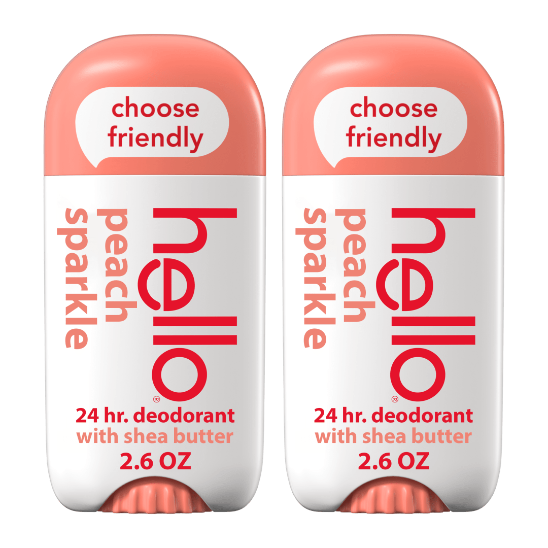 hello Peach Sparkle Aluminum Free Deodorant for Women and Men with Shea Butter, 24-Hour Freshness, Baking Soda Free Deodorant, Dermatologically Tested, 2.6 oz Stick (2 Pack)
