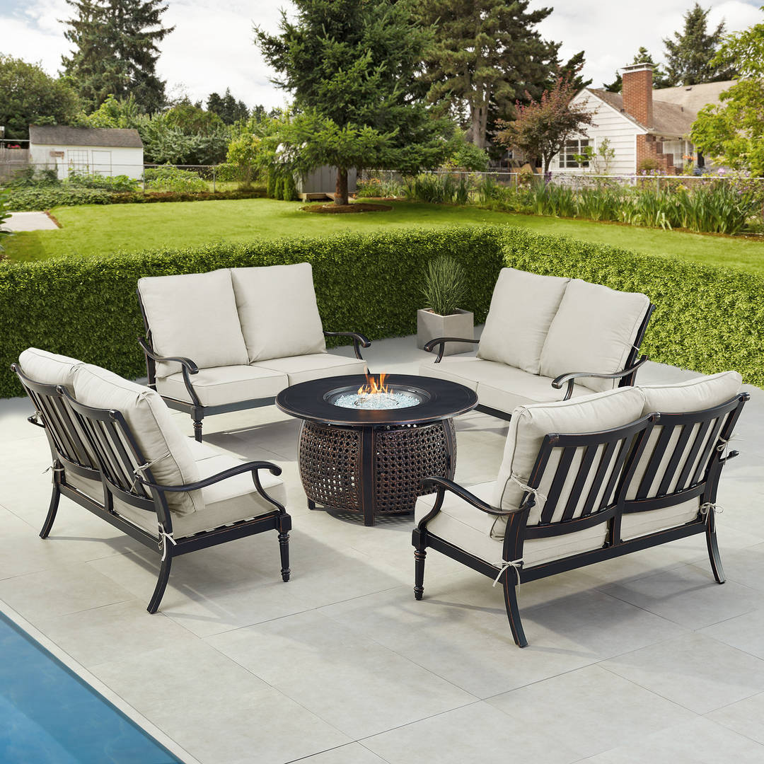 Black Aluminum Patio Fire Table Set with Four Deep Seating Loveseat with Cushions