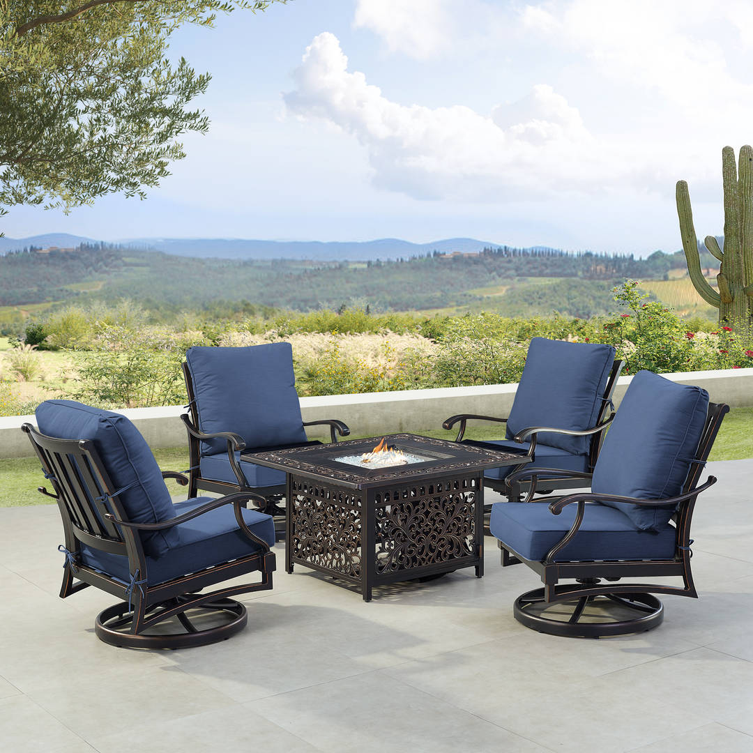 Black Aluminum Patio Fire Table Set with Four Club Chairs