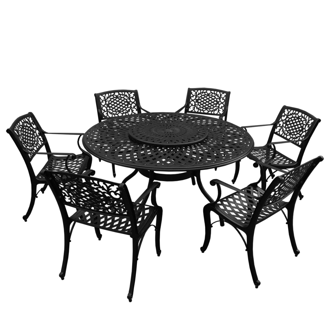 Modern Ornate Outdoor Mesh Aluminum 59-in Large Black Round Patio Dining Set with Lazy Susan and Six Chairs