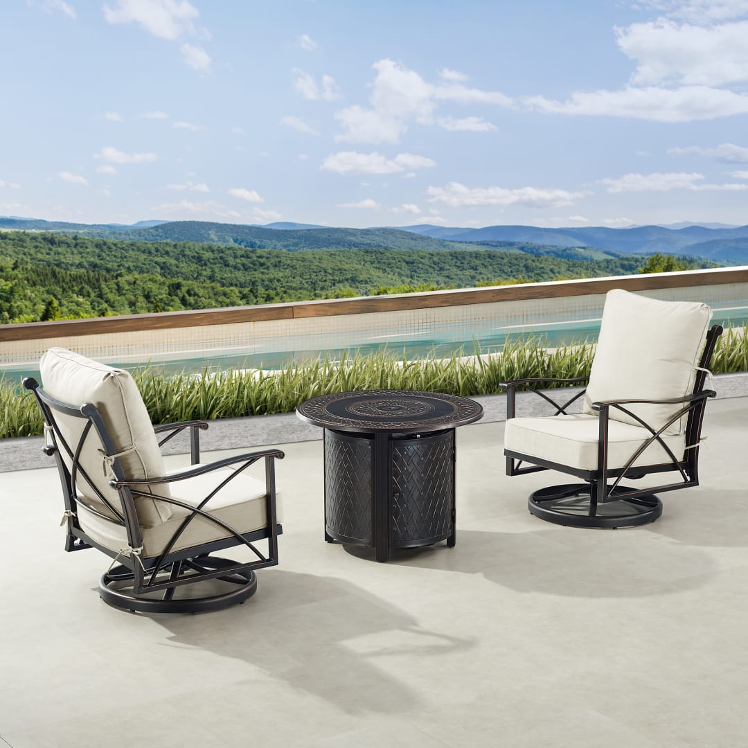 Black Aluminum Patio Fire Table Bistro Set with Two Club Chairs