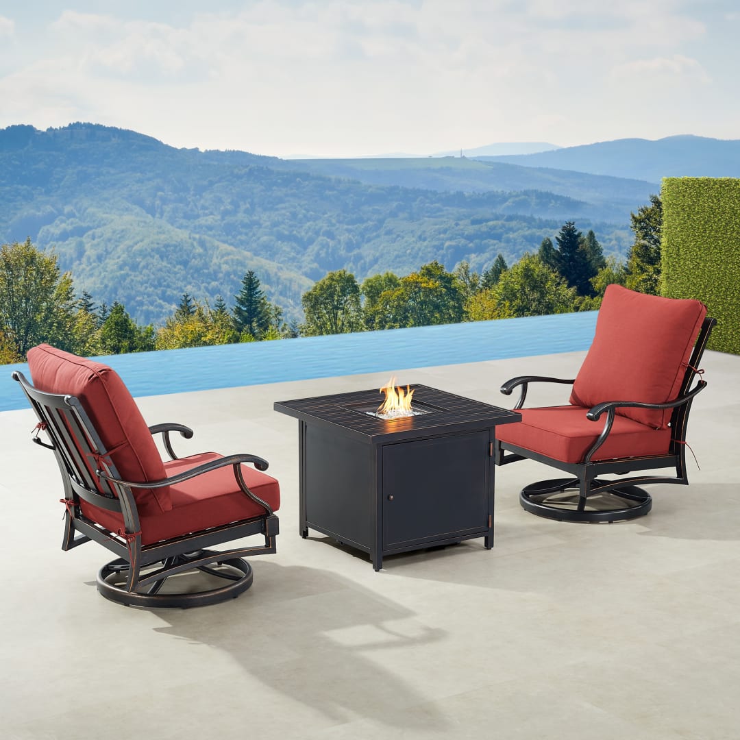 Black Aluminum Patio Fire Table Bistro Set with Two Club Chairs