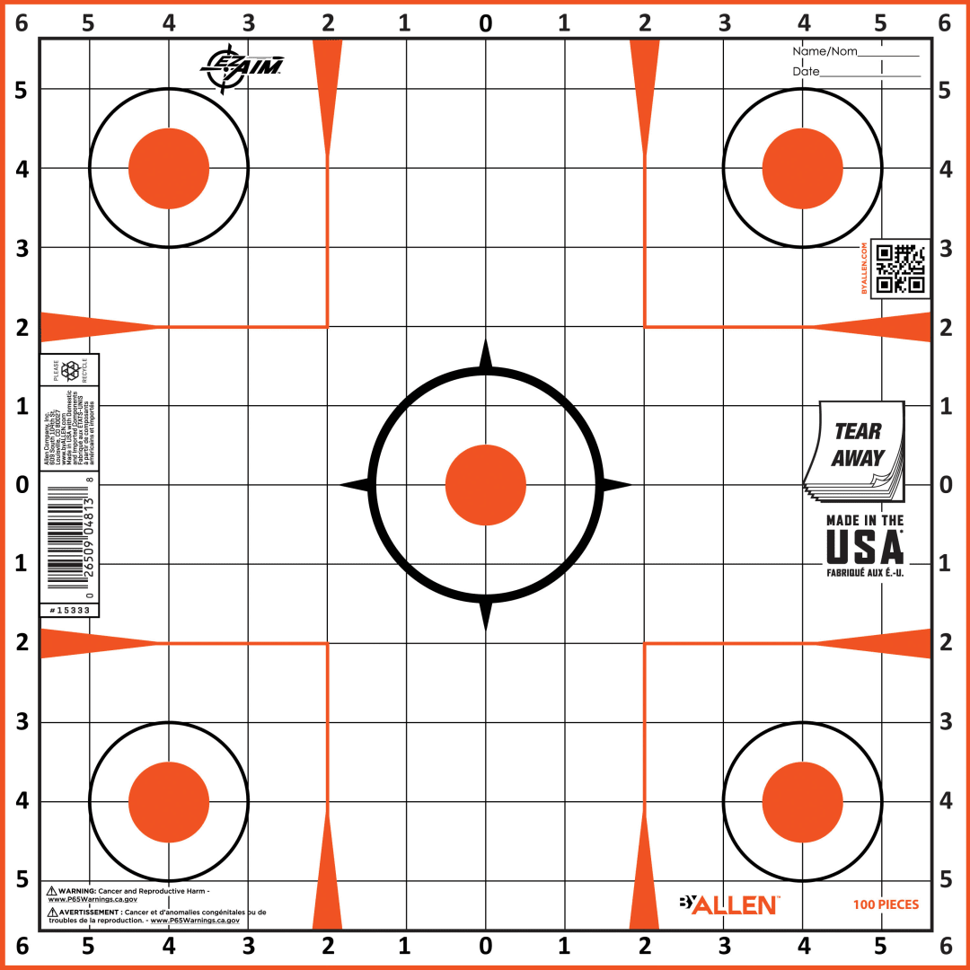 EZ Aim® Paper Shooting Targets, Sight-In Grid, Peel Away Target Pad, 12" Square, 100-Pack, Orange/Black/White
