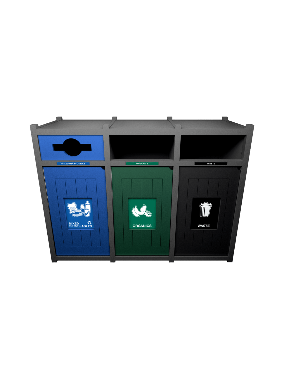  VISION - Triple - Unit - Mixed Recyclables-Organics-Waste - Mixed-Full-Full - Grey-Blue-Green-Black