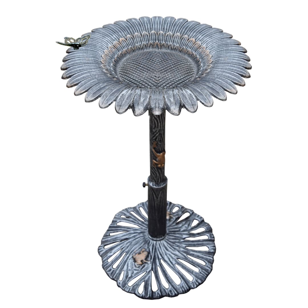 Round Cast Aluminum Metal 32-in Silver Gold Bird Bath with Butterflies and a Sunflower
