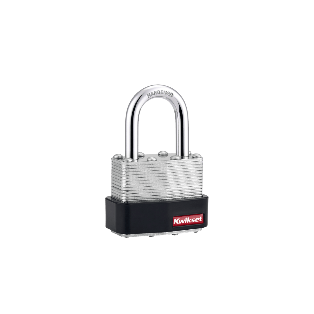Kwikset Laminated Steel Padlock with Hardened Steel Shackle, 1-3/4 in Body, 1-1/16 in Shackle, 1 Pack