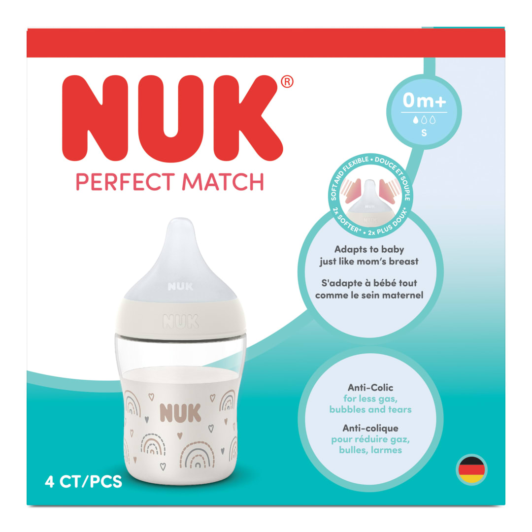 NUK Perfect Match Baby Bottle, 0+ Months, 150 ml, Anti Colic Feeding Bottle, Plastic, Temperature Control Indicator, Rainbow, 4 Count
