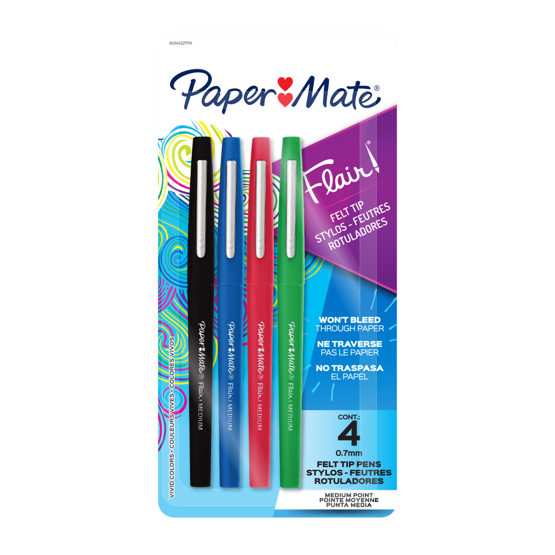Stylos Flair de Paper Mate avec pointe en feutre, pointe moyenne (0,7 mm), couleurs assorties, 4 unités