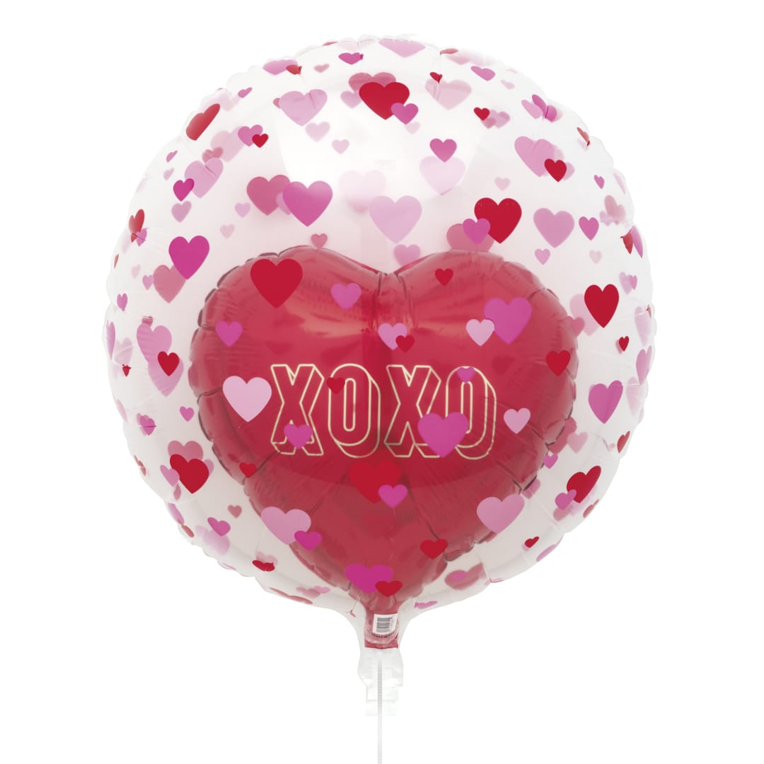 Hearts &amp; Kisses Clear Plastic Sphere Double Stuffed Helium Balloon, Bulk