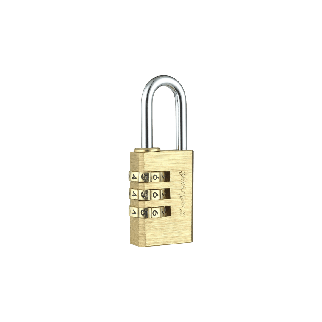 Kwikset Brass Combination Padlock, 3-Digit, 1-1/8 in Body, 1 in Shackle, 1 Pack