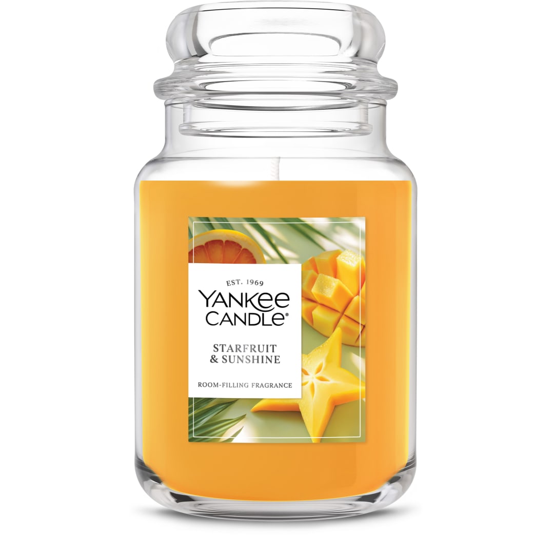 Yankee Candle Large Jar Scented Candle with up to 150 Hour Burn Time, Premium Plant Wax Blend for Consistent Burn, 22 oz Jar Candle with Room Filling Fragrance, Starfruit & Sunshine