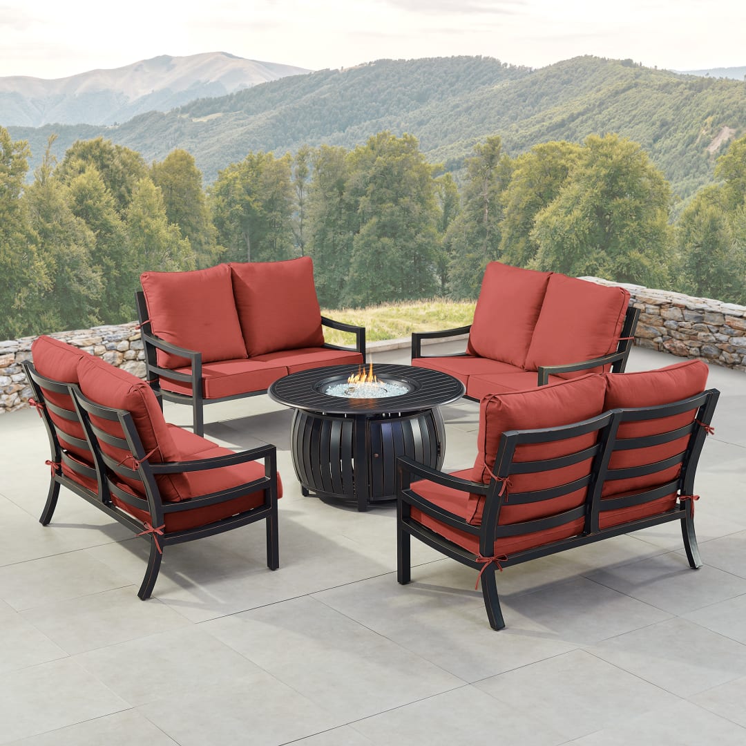 Black Aluminum Patio Fire Table Set with Four Deep Seating Loveseat with Cushions