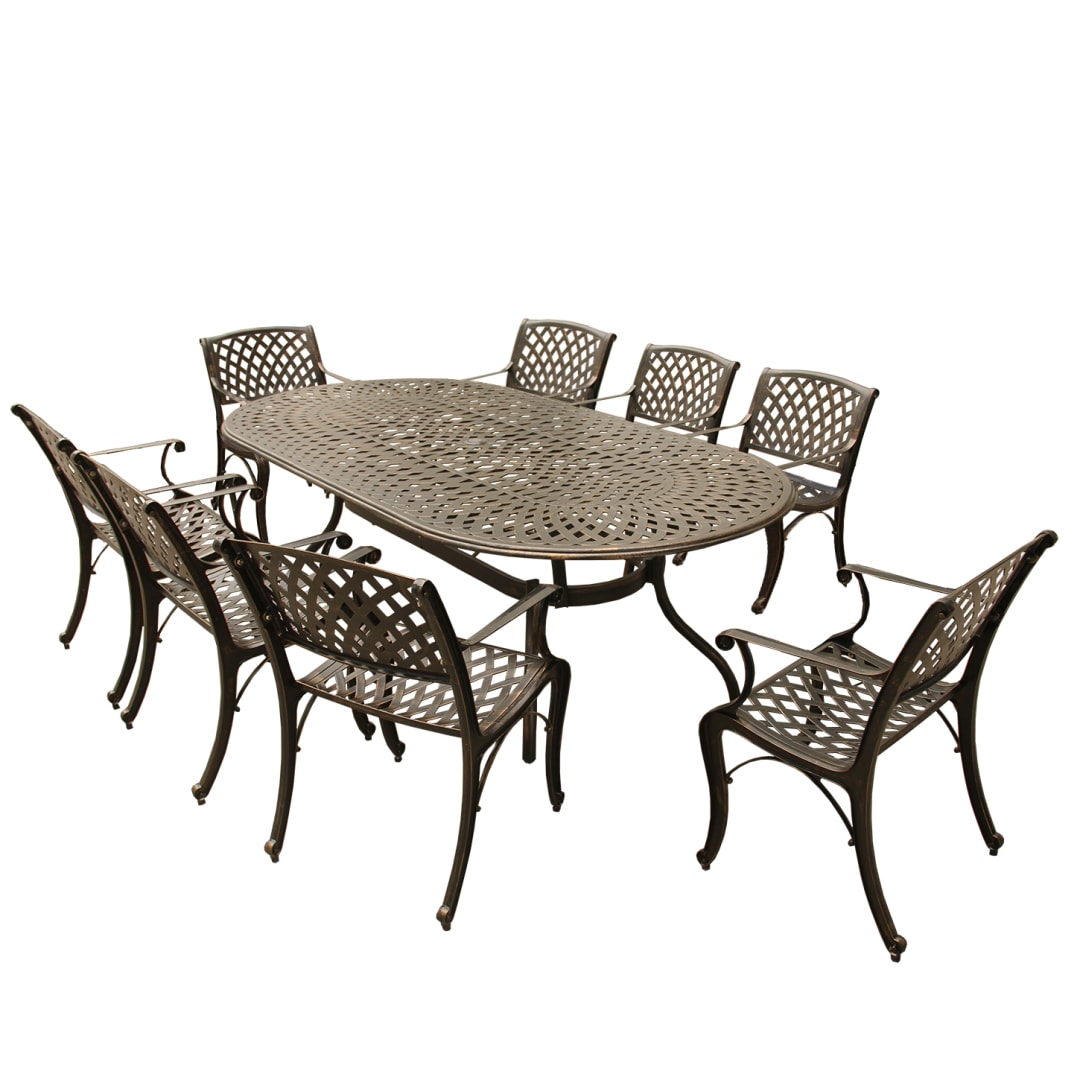 Contemporary Modern Outdoor Mesh Lattice Aluminum 95 inch Bronze Oval Dining Set with Eight Arm Chairs