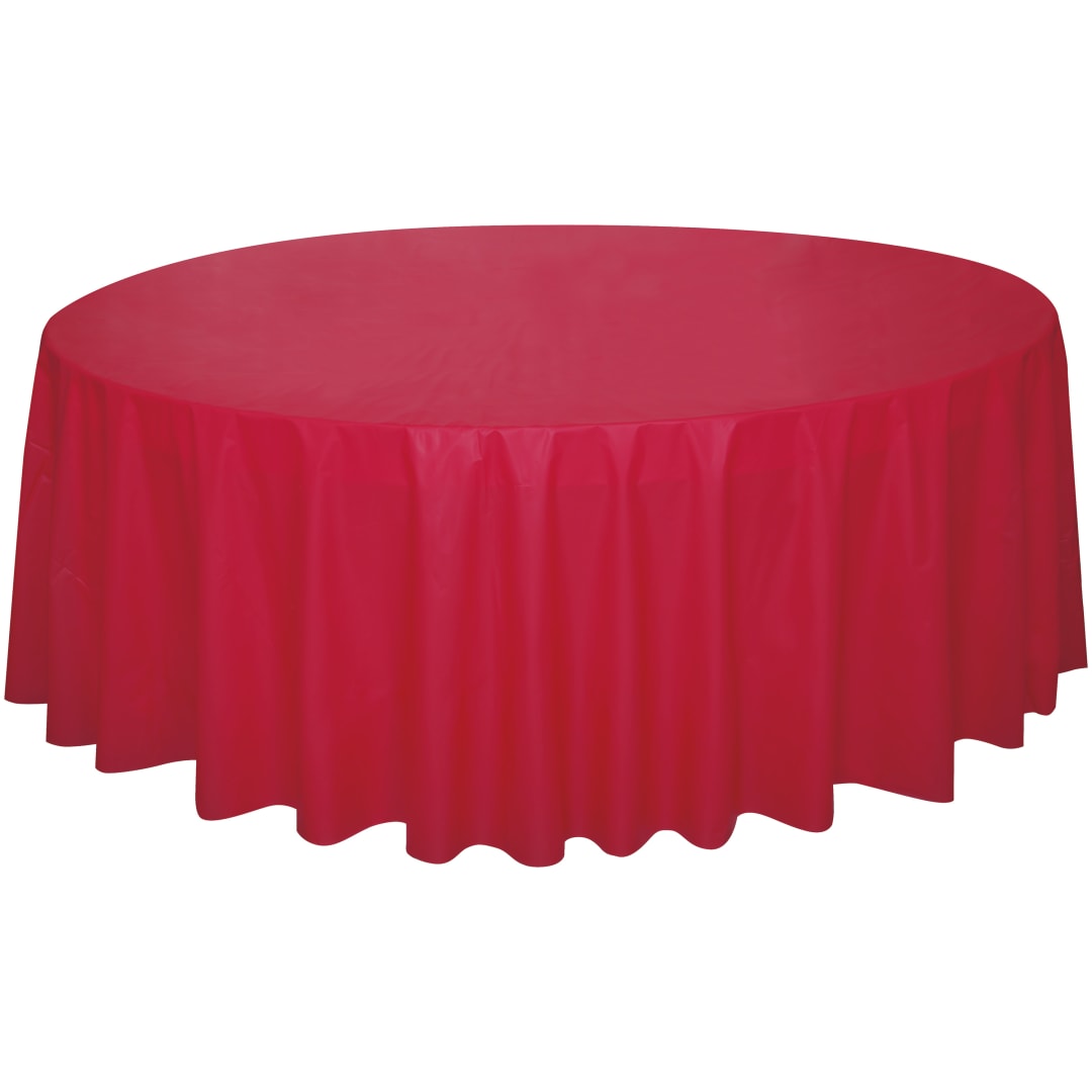 Ruby Red Solid Round Plastic Table Cover, 84"