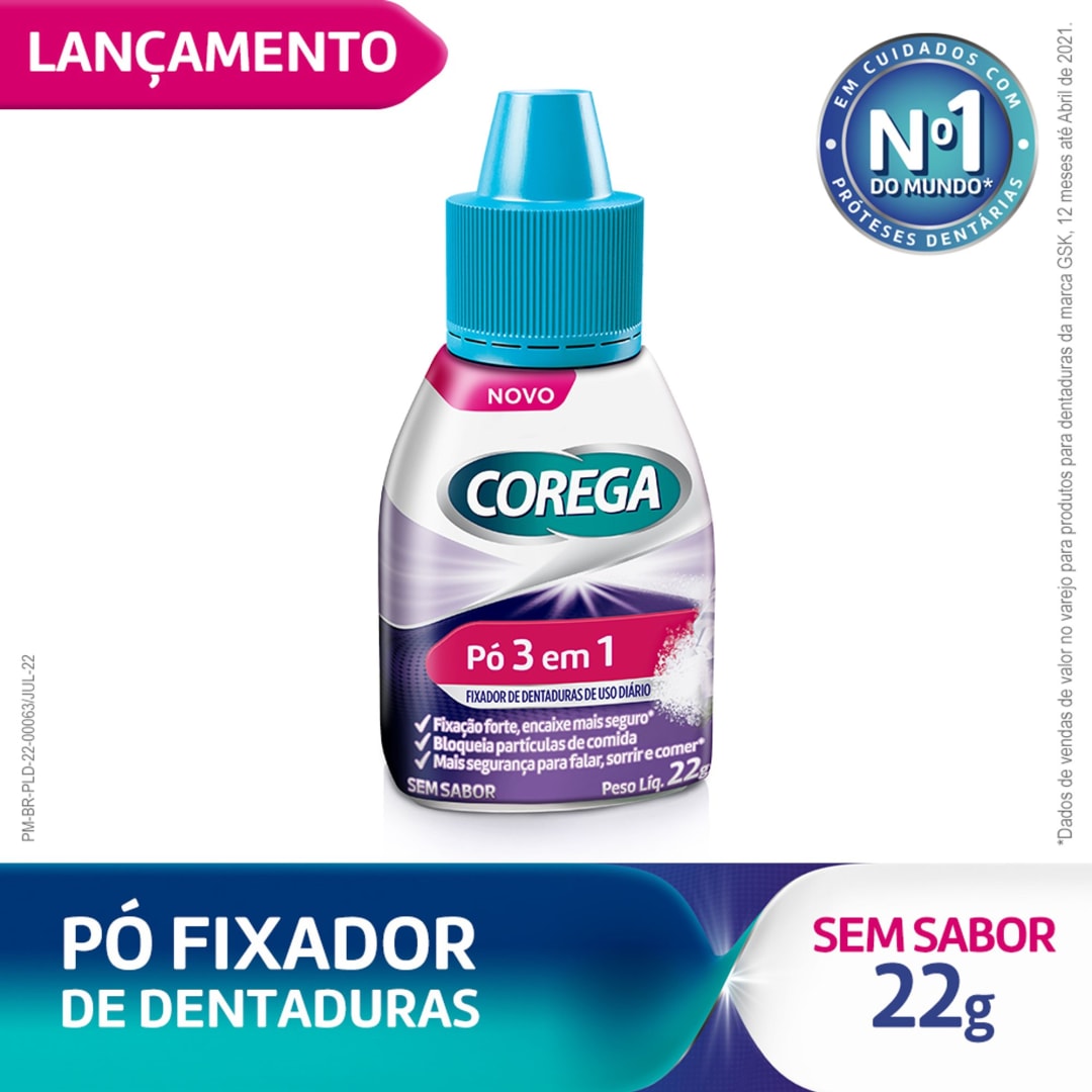 Corega Pó 3 em 1 Fixador de Dentadura Forte Fixação Sem Sabor 22g