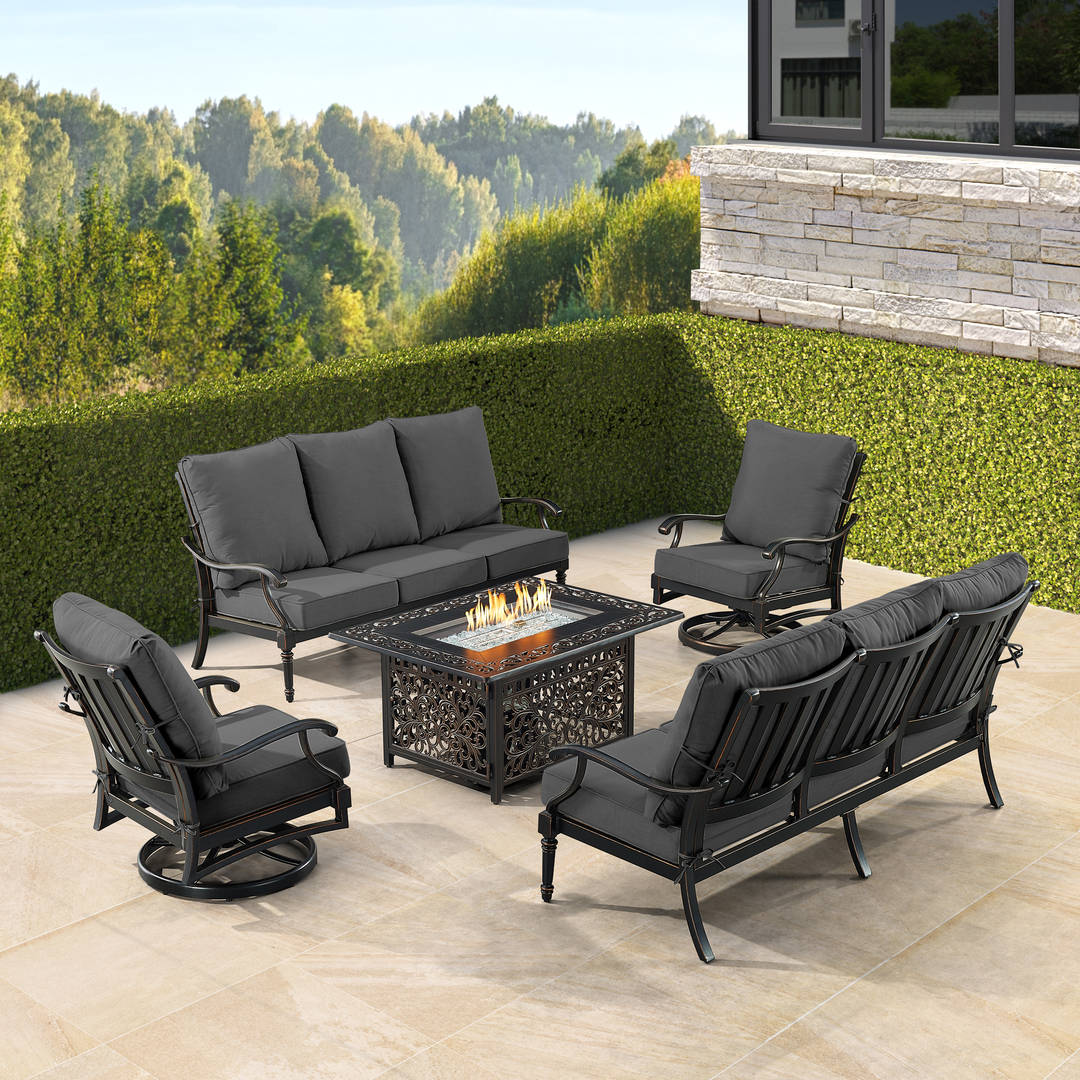 Black Aluminum Patio Fire Table Set with Two Deep Seating Sofa with Cushions and Two Club Chairs