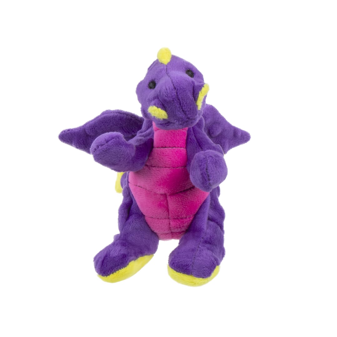 goDog Dragons Sitting Squeaky Dog Toy, Plush with Chew Guard Technology, Purple, Small