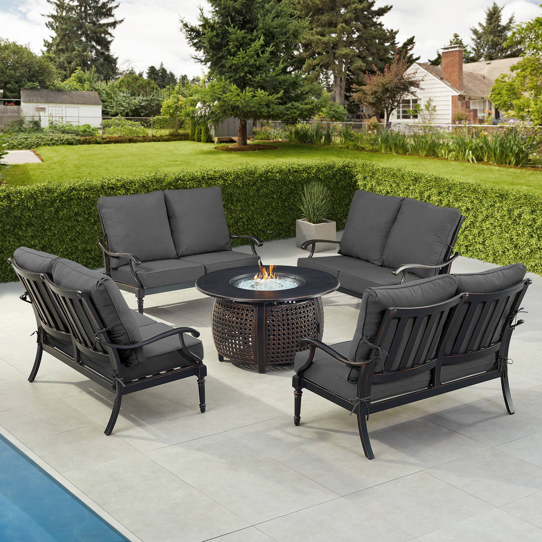 Black Aluminum Patio Fire Table Set with Four Deep Seating Loveseat with Cushions
