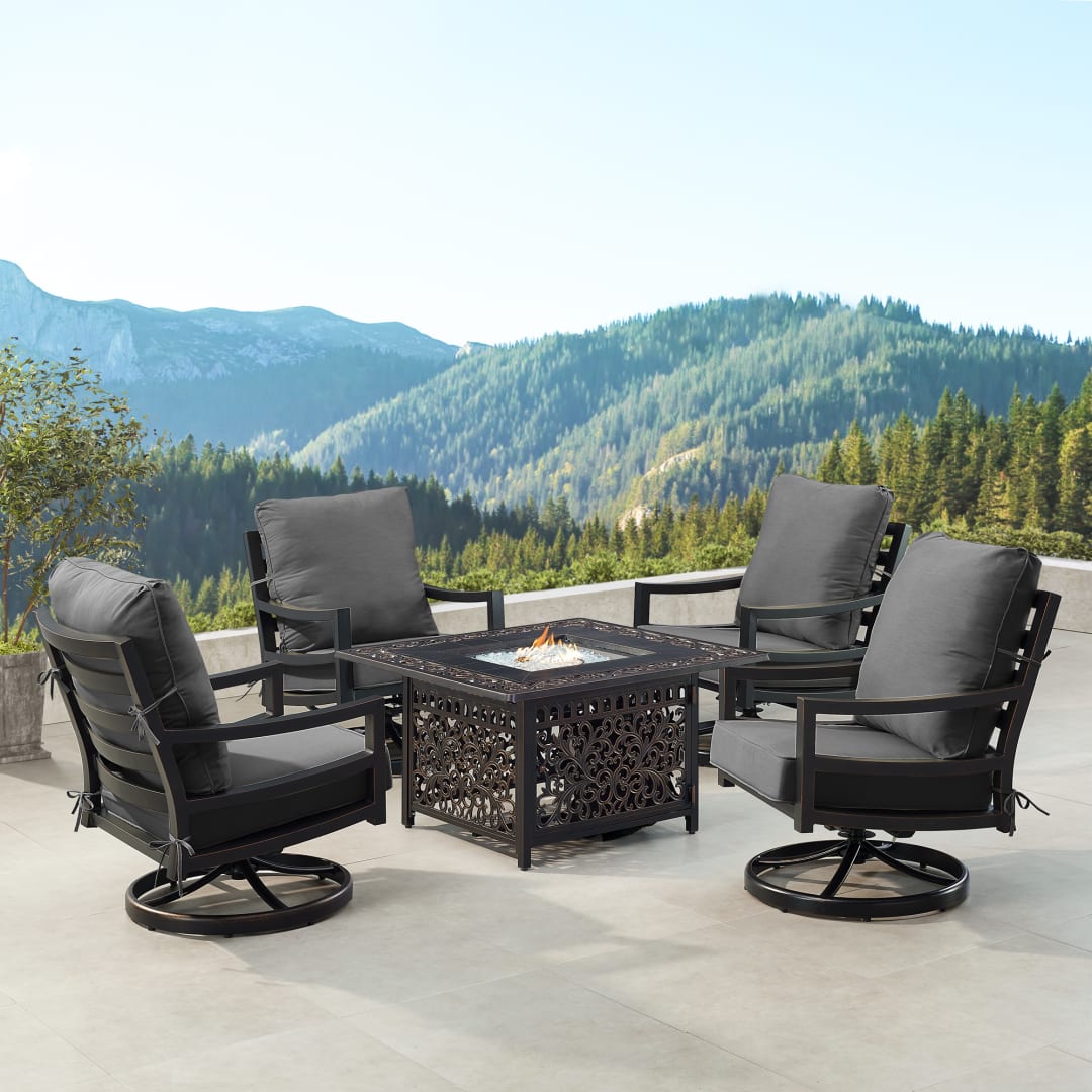 Black Aluminum Patio Fire Table Set with Four Club Chairs