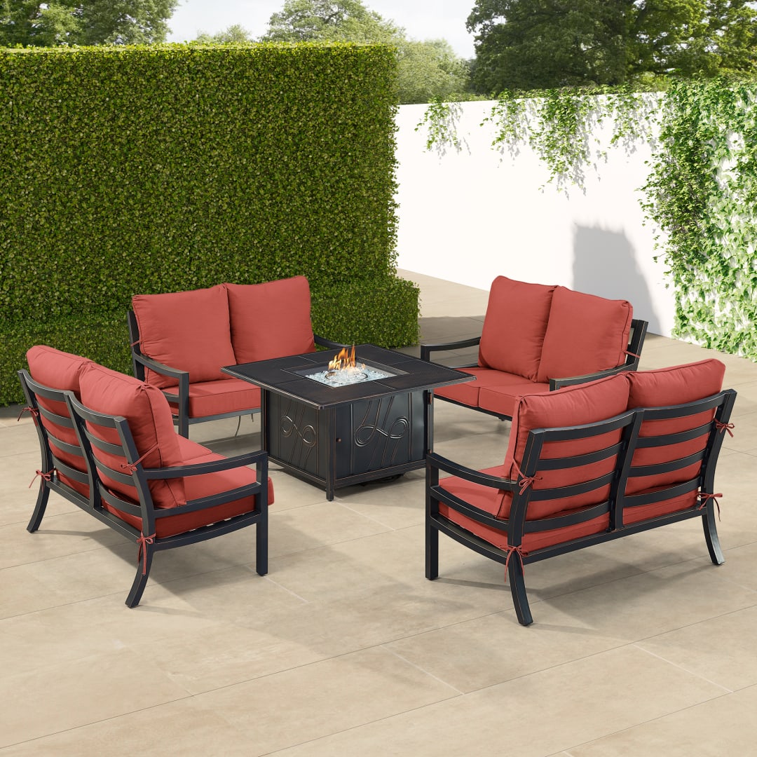 Black Aluminum Patio Fire Table Set with Four Deep Seating Loveseat with Cushions