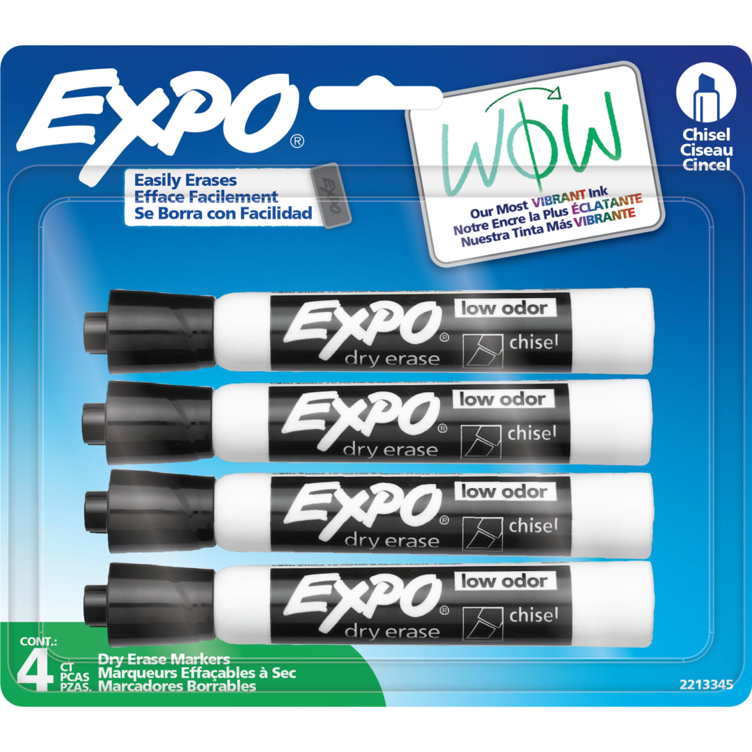 EXPO Dry Erase Markers, Low Odor Ink, Black, Chisel Tip, 4 Count