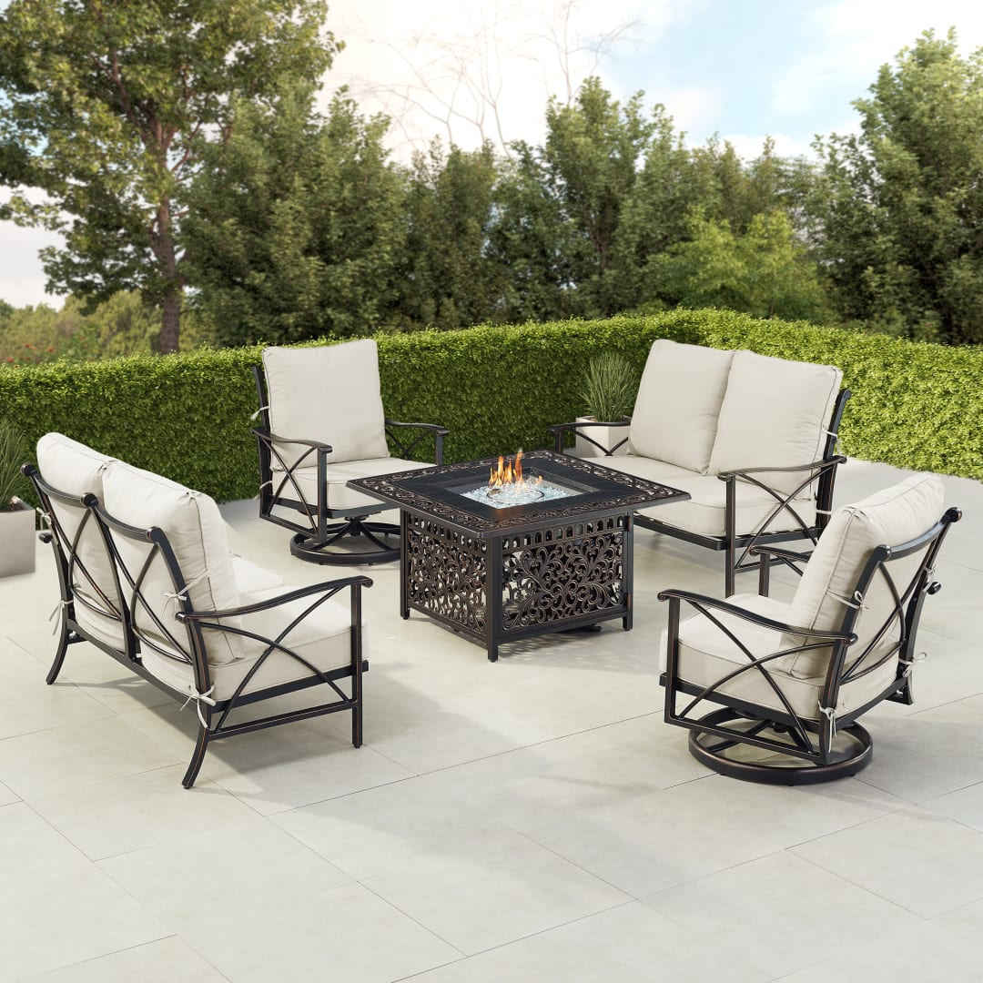 Black Aluminum Patio Fire Table Set with Two Deep Seating Loveseat with Cushions and Two Club Chairs